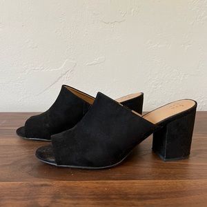 Black Suede Peep Toe Mule Block Heels